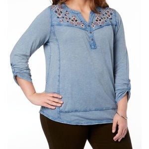 Style & Co Henley Top Acid Wash Blue Embroidered